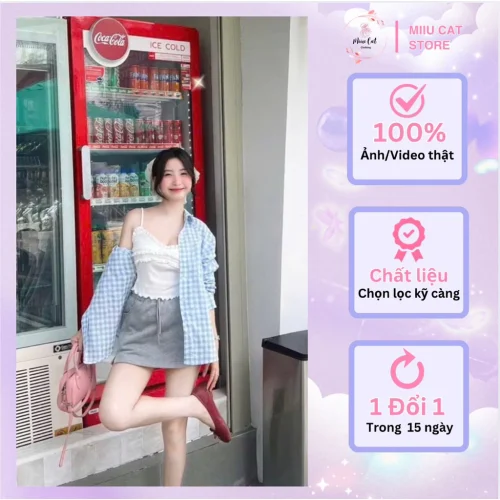 Set 3 Món Áo Sơ Mi Kẻ Xanh Mix Áo 2S Viền Ren Phối Chân Váy Ngắn Xám