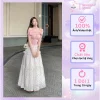Set Váy Áo Trễ Vai Zip Hồng Buộc Nơ Cách Điệu Phối Chân Váy Hoa Nhí Sắc Màu May Bèo Tầng