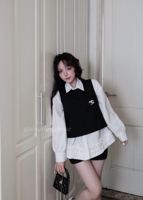 Set 3 món áo sơ mi viền bèo kèm áo gile đen