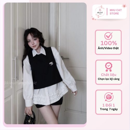 Set 3 món áo sơ mi viền bèo kèm áo gile