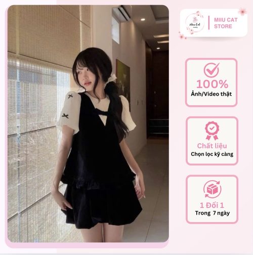 Set áo tơ tay bồng đính nơ
