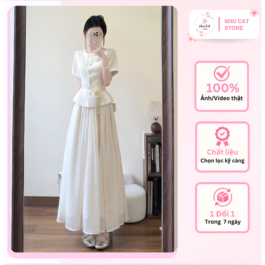 Set Áo Dạ Tay Cộc Tag Hoa Cài Rời Phối Chân Váy Voan Tơ