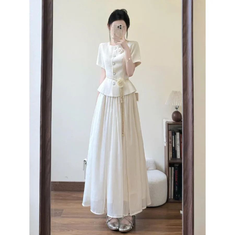 Set Áo Dạ Tay Cộc Tag Hoa Cài Rời Phối Chân Váy Voan Tơ