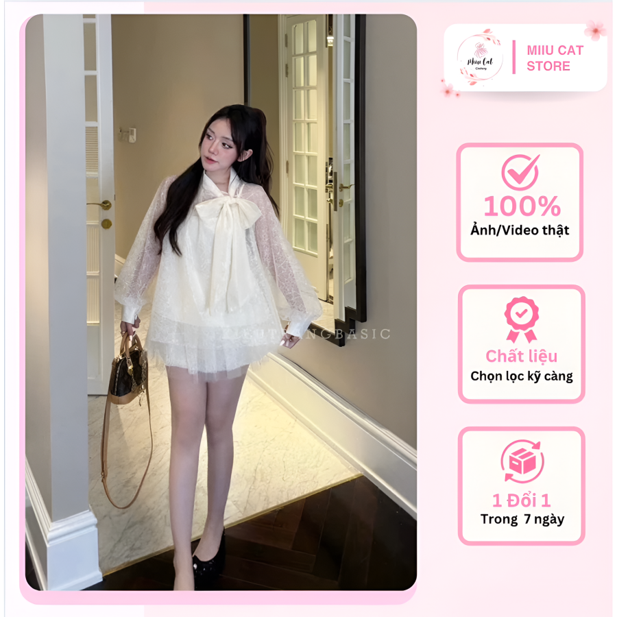 Set Áo Ren Nơ Điệu Đà Phối Chân Váy Xếp Ly