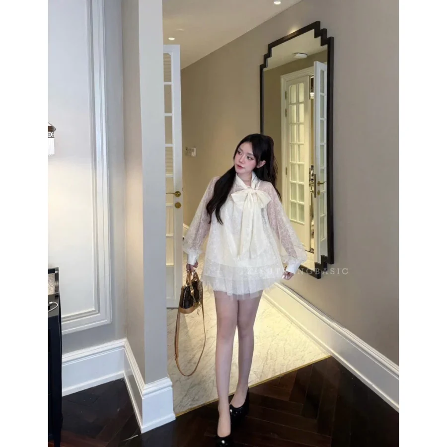 Set Áo Ren Nơ Điệu Đà Phối Chân Váy Xếp Ly