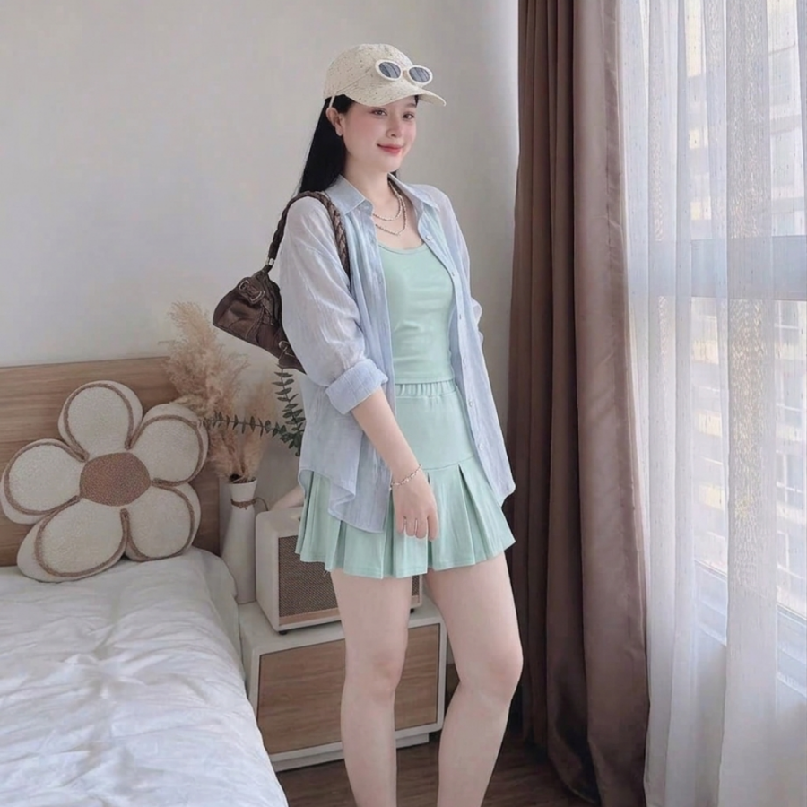 Set Bộ Zip Xếp Ly Phối Áo Sơ Mi Tơ Nhăn