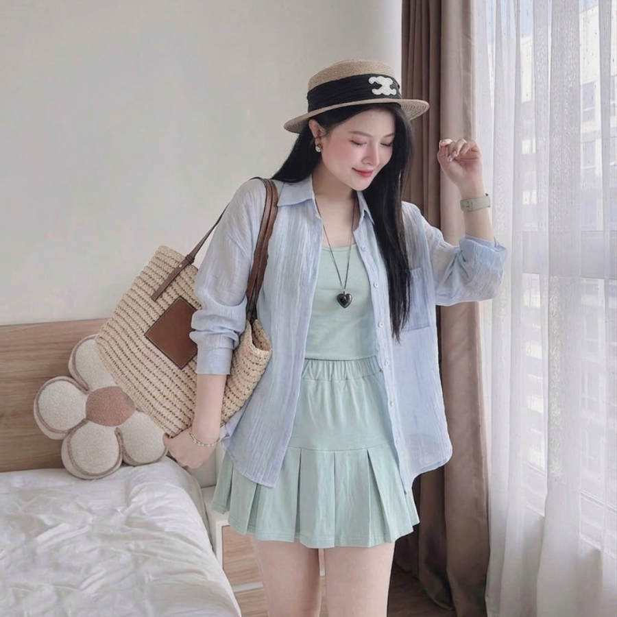Set Bộ Zip Xếp Ly Phối Áo Sơ Mi Tơ Nhăn