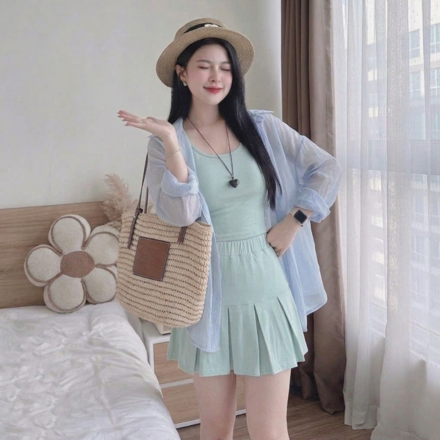 Set Bộ Zip Xếp Ly Phối Áo Sơ Mi Tơ Nhăn