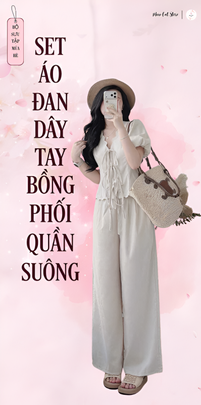Set Áo Dây Đan Thắt Nơ Tay Bồng Phối Quần Ống Suông