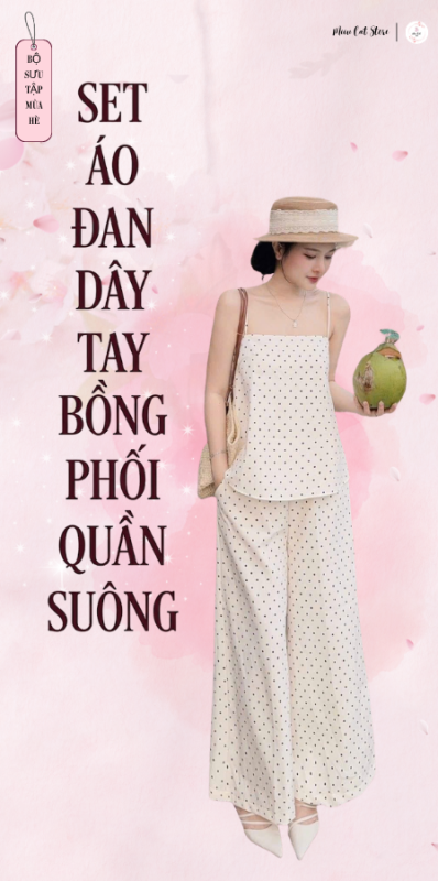 Set Áo 2S Chấm Bi Dáng A Có Dây Điều Chỉnh Phối Quần Ông Suông Cạp Chun