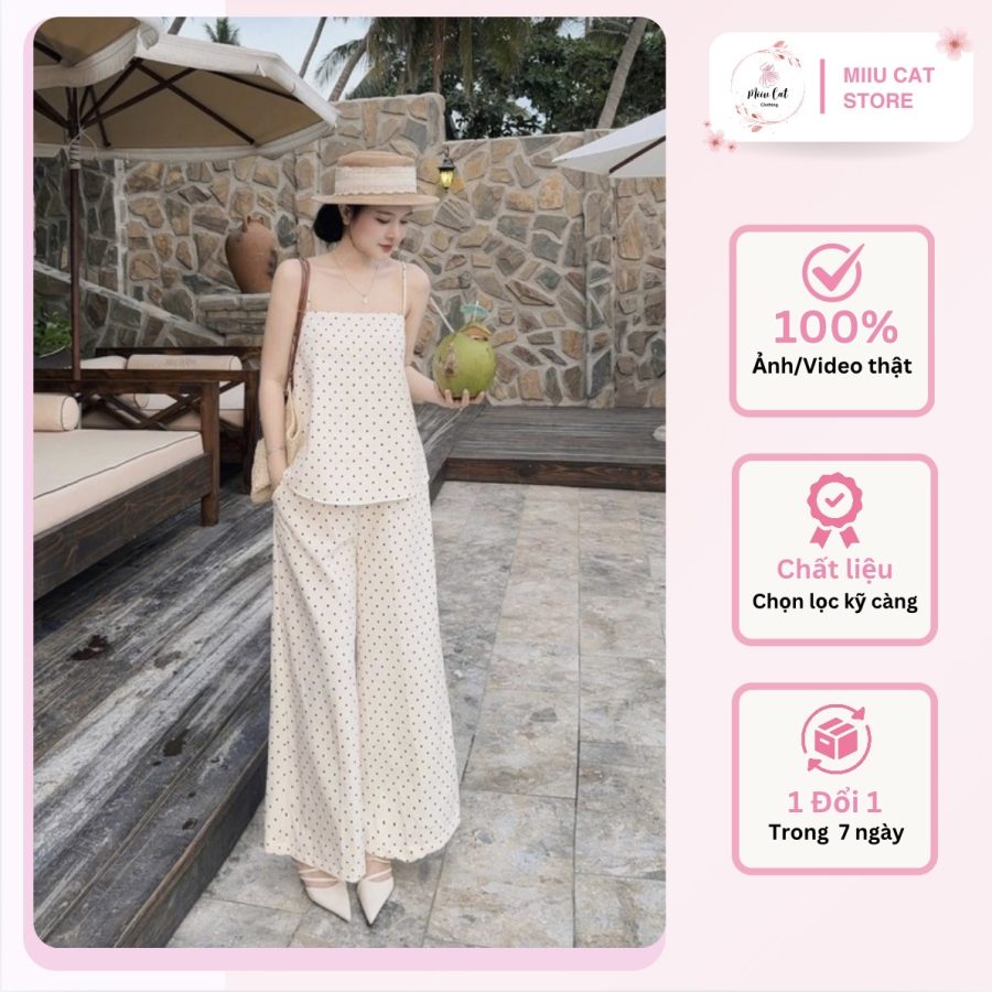 Set Áo 2S Chấm Bi Dáng A Có Dây Điều Chỉnh Phối Quần Ông Suông Cạp Chun
