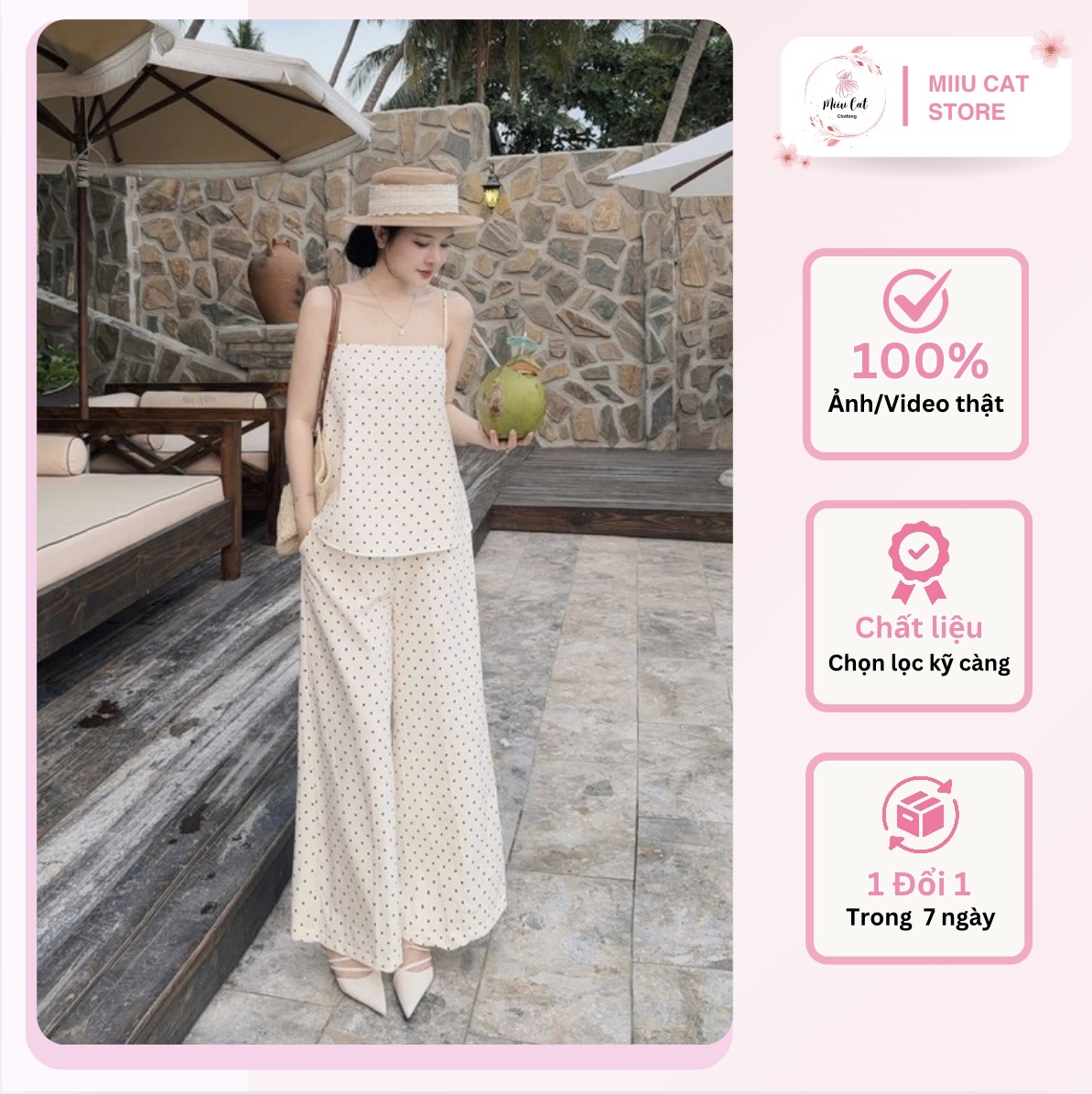 Set Áo 2S Chấm Bi Dáng A Có Dây Điều Chỉnh Phối Quần Ông Suông Cạp Chun