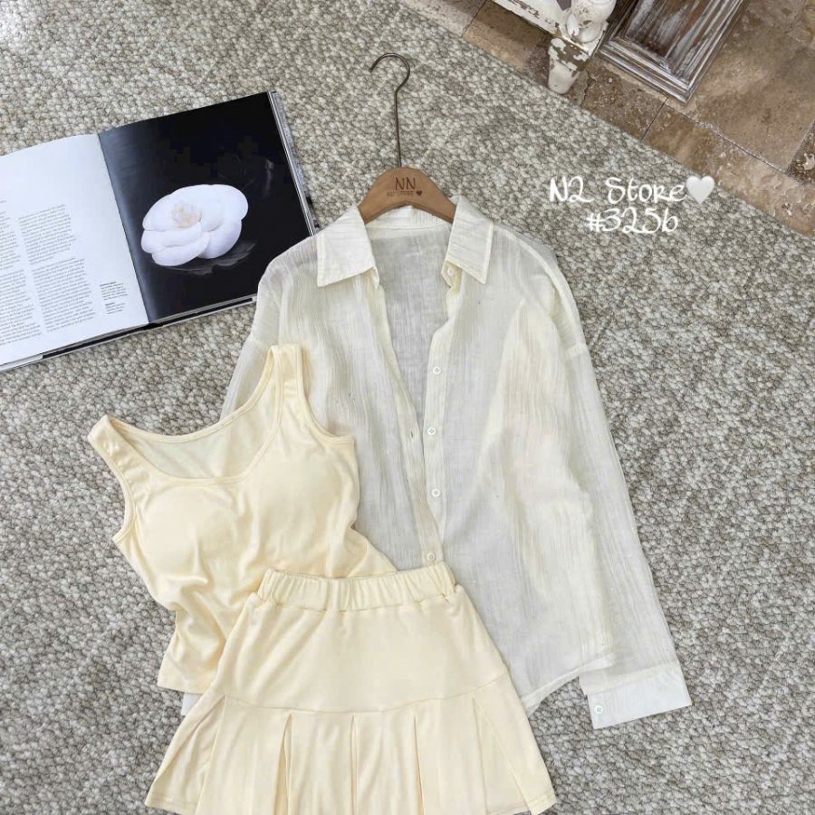 Set Bộ Zip Xếp Ly Phối Áo Sơ Mi Tơ Nhăn