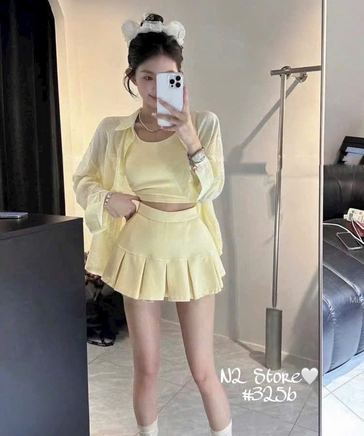 Set Bộ Zip Xếp Ly Phối Áo Sơ Mi Tơ Nhăn