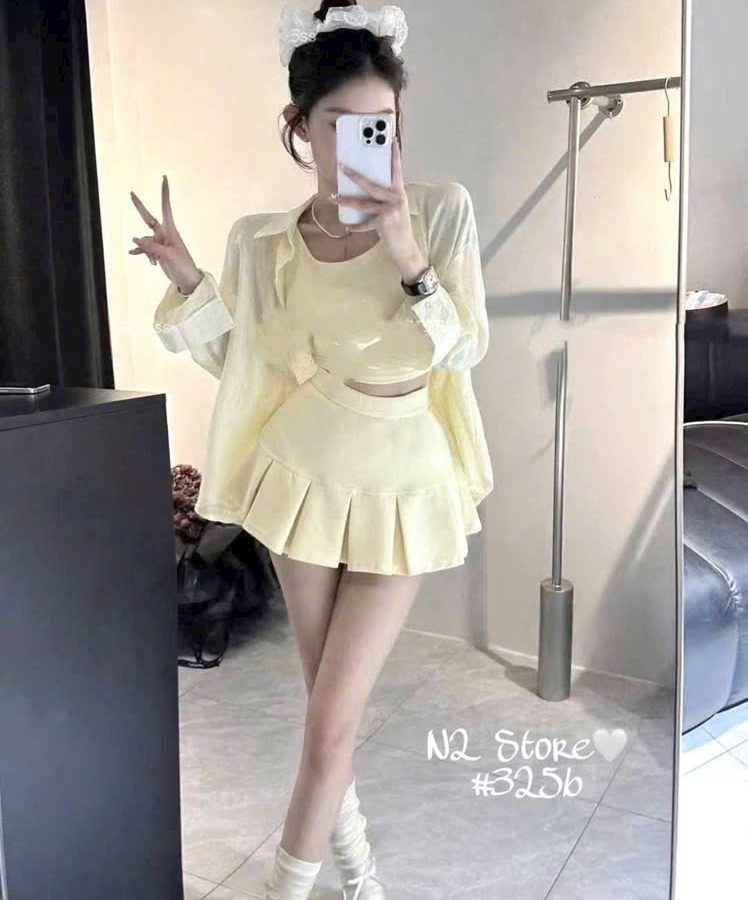 Set Bộ Zip Xếp Ly Phối Áo Sơ Mi Tơ Nhăn