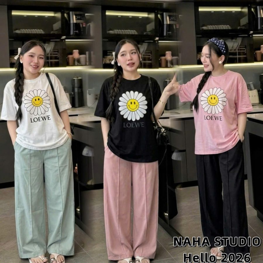 Set Áo Phông Hoa Cúc Phối Quần Gió Suông